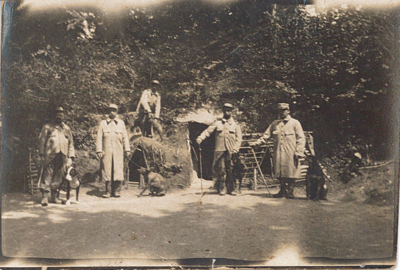 Cinq Poilus et leurs chiens devant l'entrée d'un abri