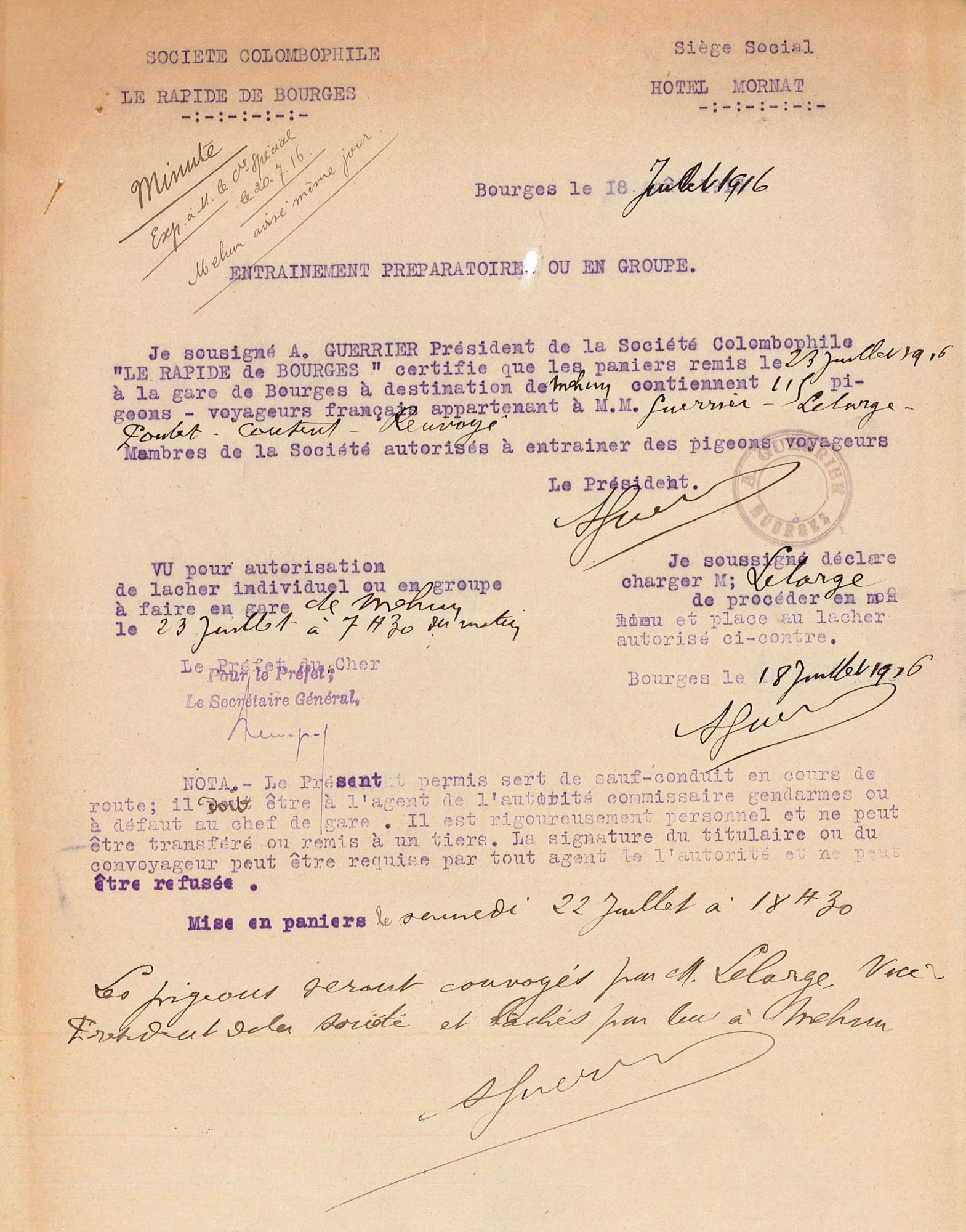 Permis de convoyage de paniers de pigeons voyageurs (R 1649)