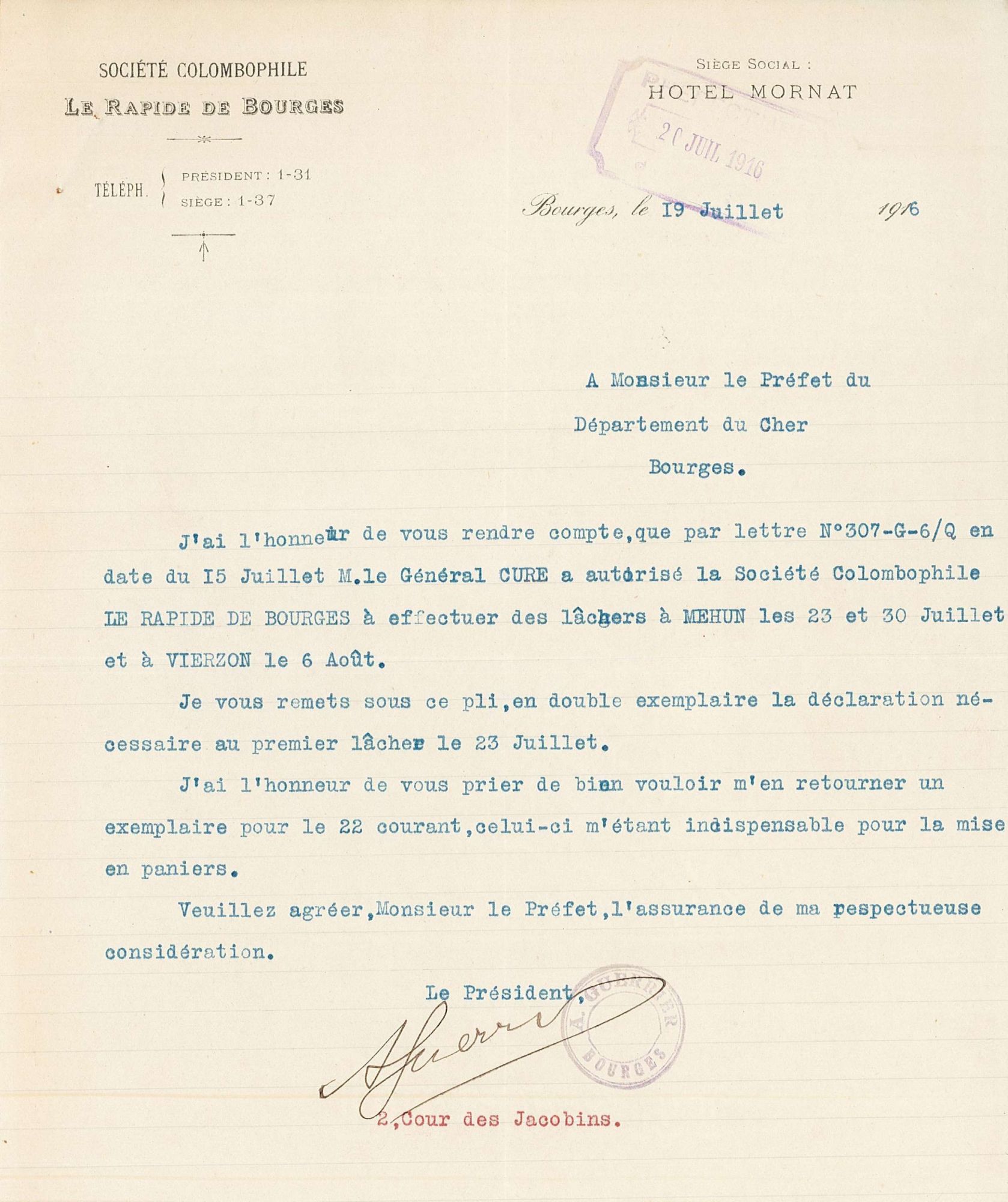 Autorisation de lâchers à Mehun-sur-Yèvre et à Vierzon (R 1649)