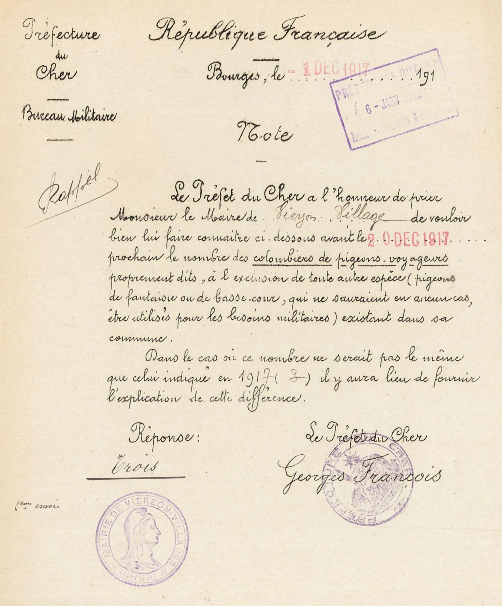 Note de rappel au maire de Vierzon-Villages (R 1648)