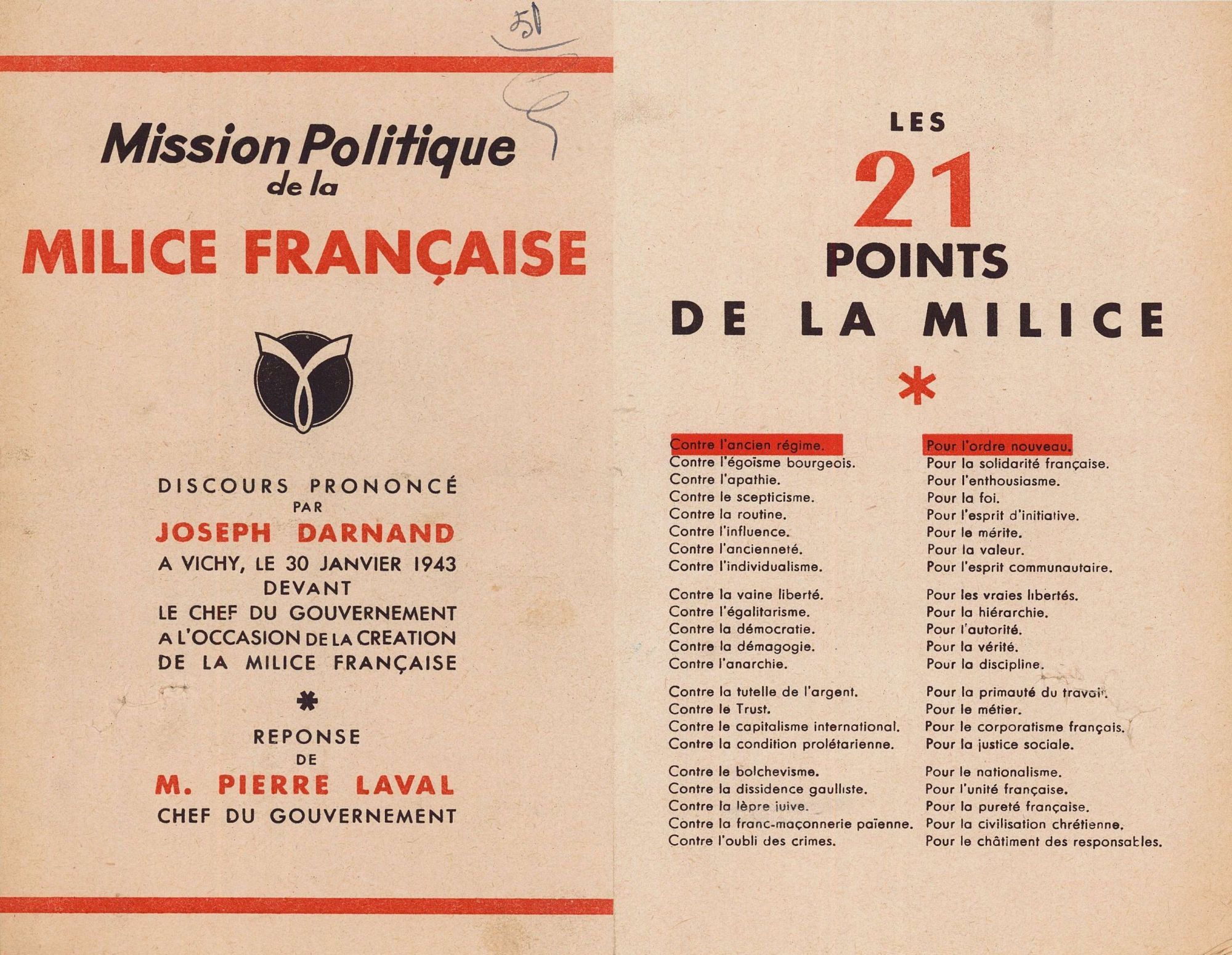 Brochure annonçant le "programme" de la Milice (3 W 107)