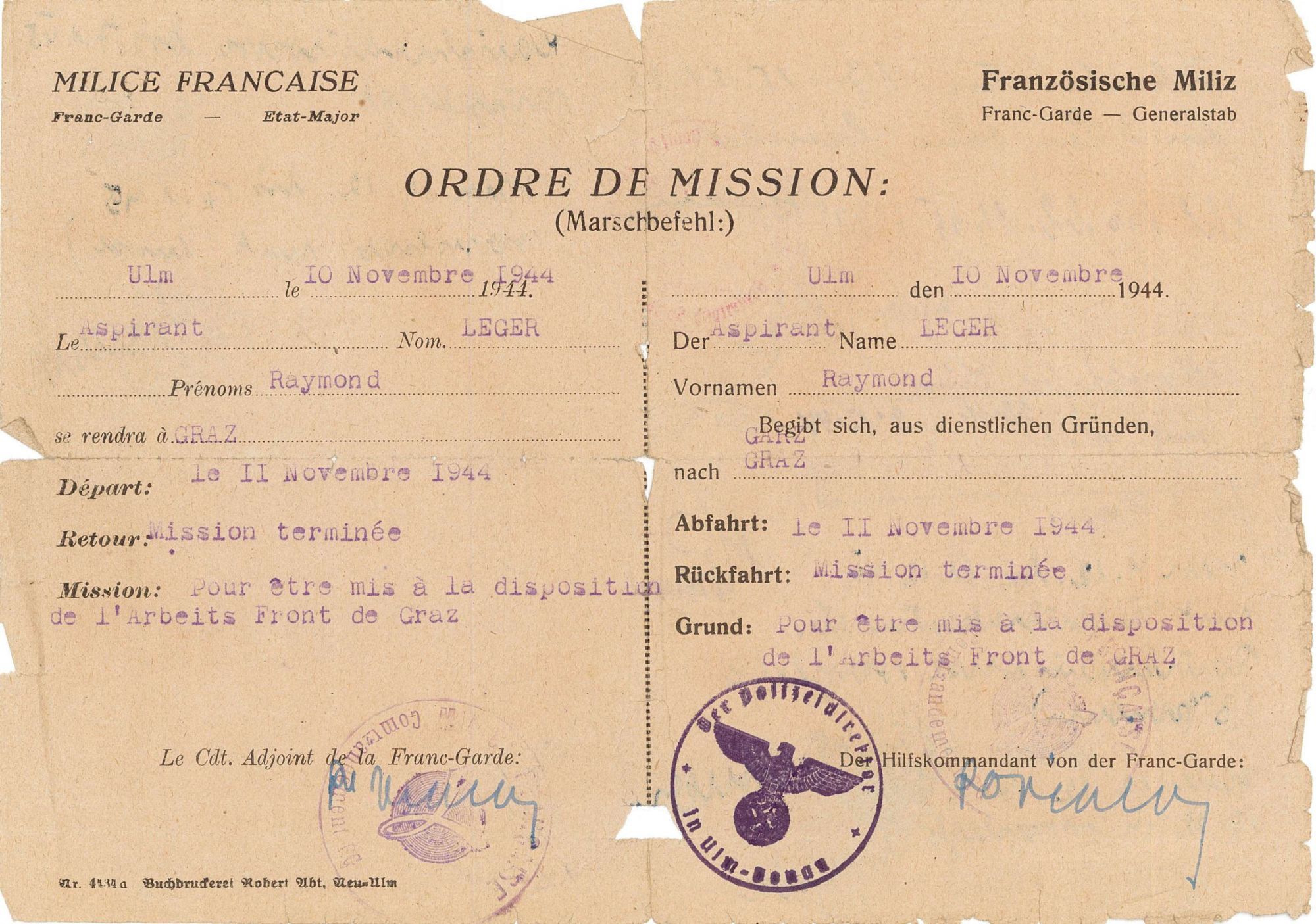 Ordre de mission d'un milicien réfugié en Allemagne (3 W 159)