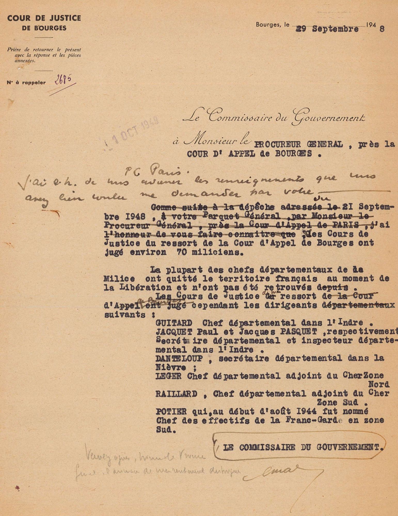 Nombre approximatif de miliciens jugés au 29 septembre 1948 (3 W 60)