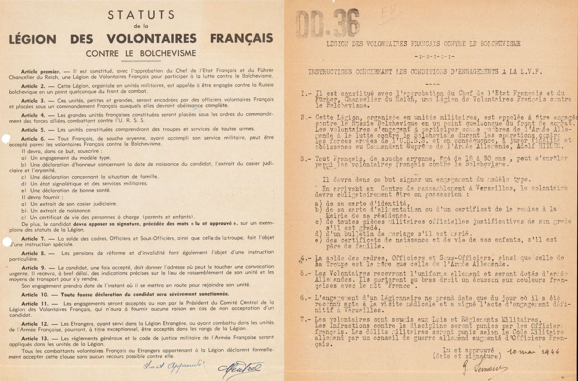 Statuts de la LVF que l'on fait signer au candidat à l'engagement (3 W 115, 328)