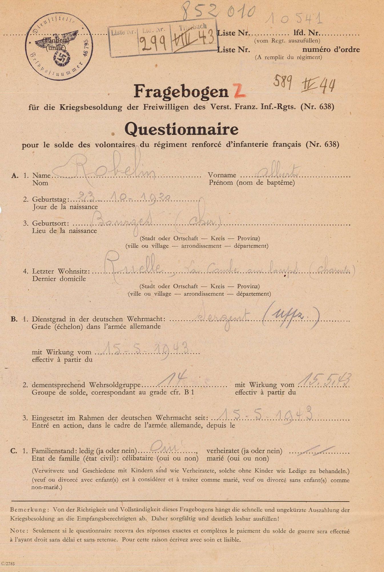 Questionnaire pour la solde d'un légionnaire (3 W 143)