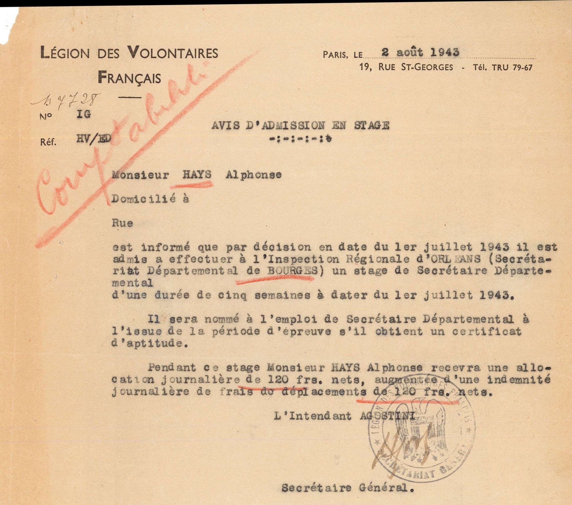 Un stage pour le futur Secrétaire Départemental de la LVF (1 W 209)