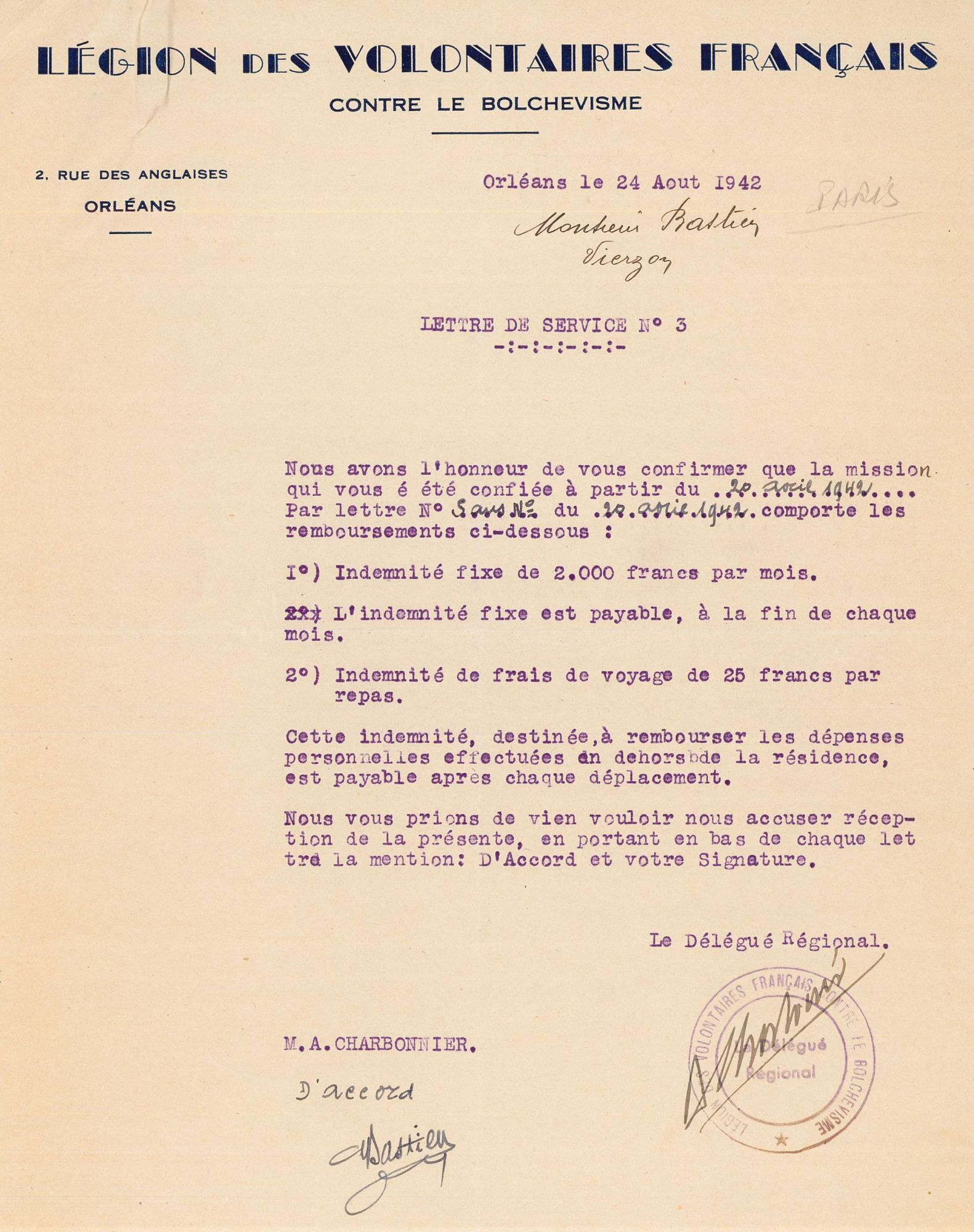 Nomination d'un des responsables du bureau de recrutement de Vierzon de la LVF (3 W 209)