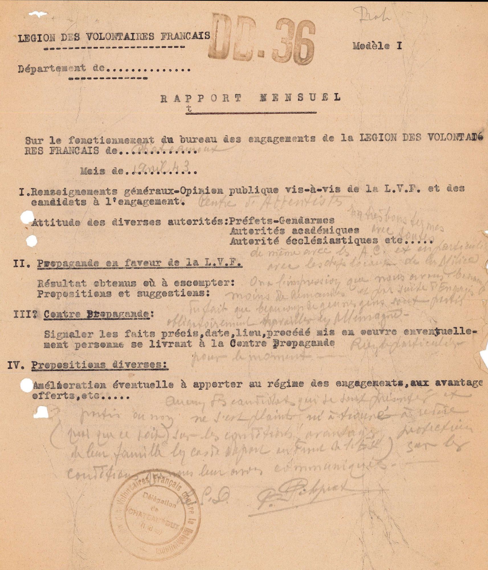 Rapport mensuel sur le fonctionnement du bureau des engagements de la LVF à Châteauroux (3 W 115)
