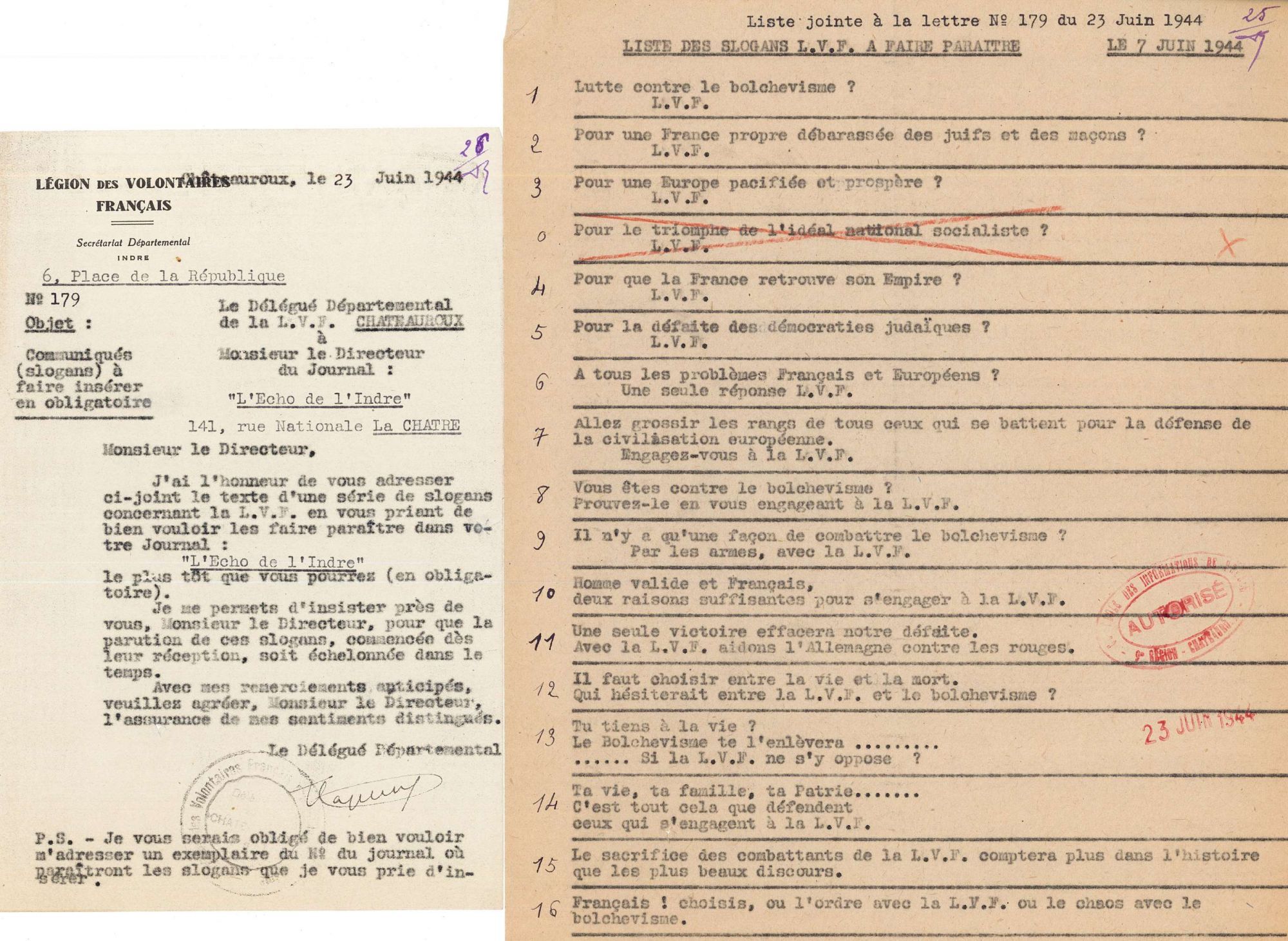 Slogans de la LVF envoyés à la presse (3 W 166)