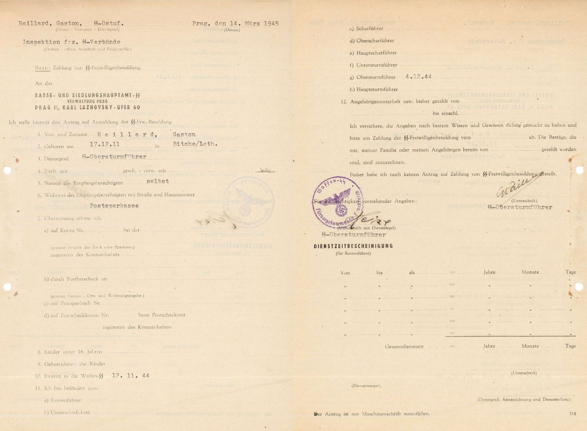 Fiche de renseignements d'un SS français (3 W 140)