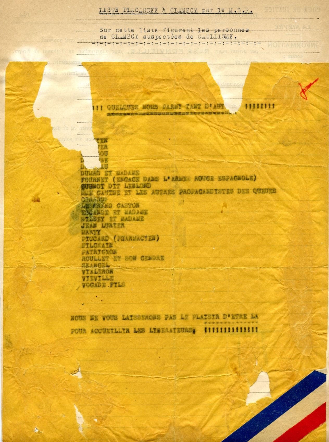 Liste menaçant les gaullistes placardée à Clamecy par le MSR (3 W 265)