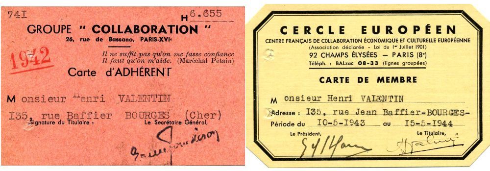 Cartes de membre de deux groupuscules collaborationnistes (3 W 116)