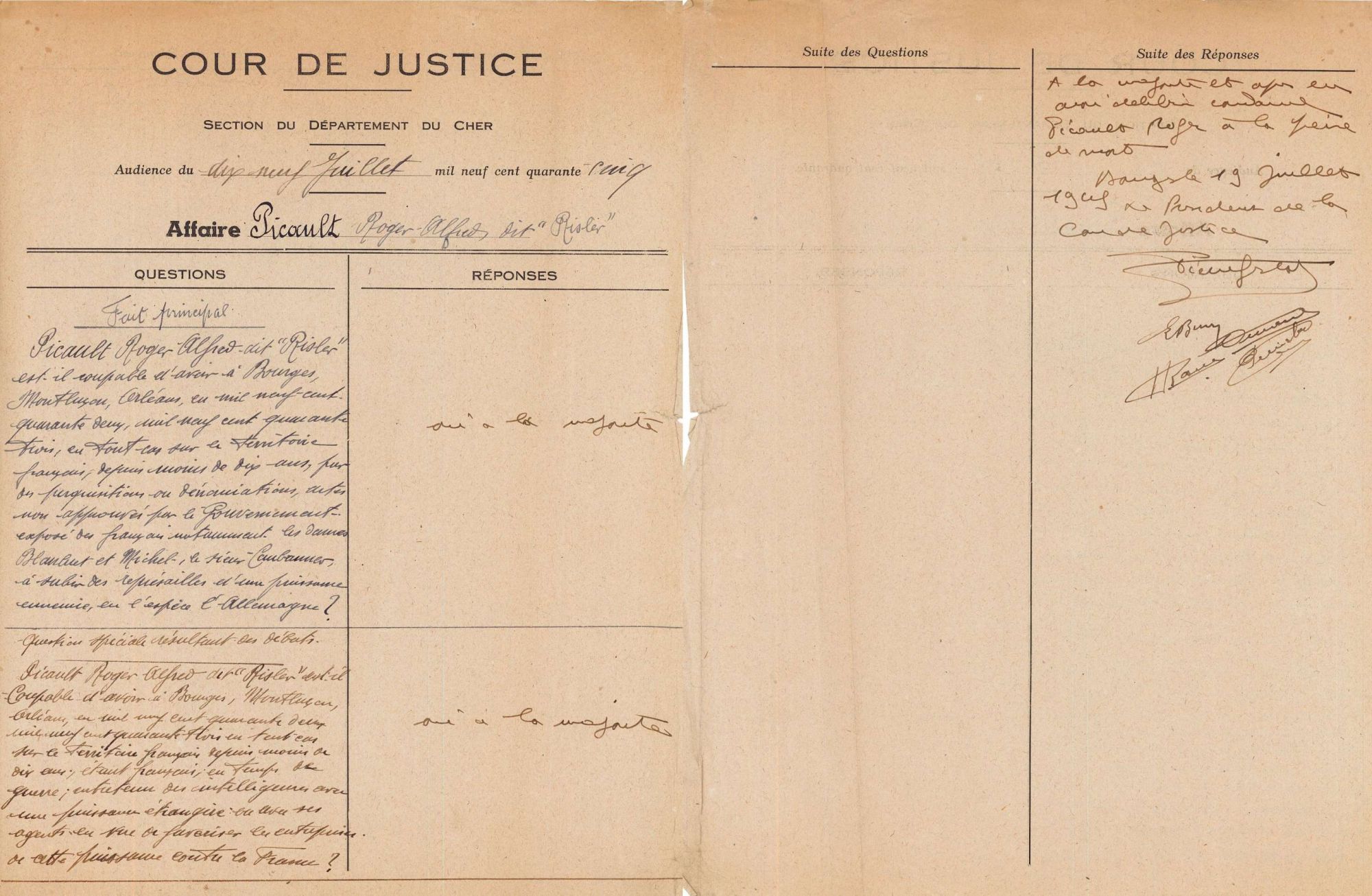 Questions aux jurés pour un gestapiste français (3 W 96)