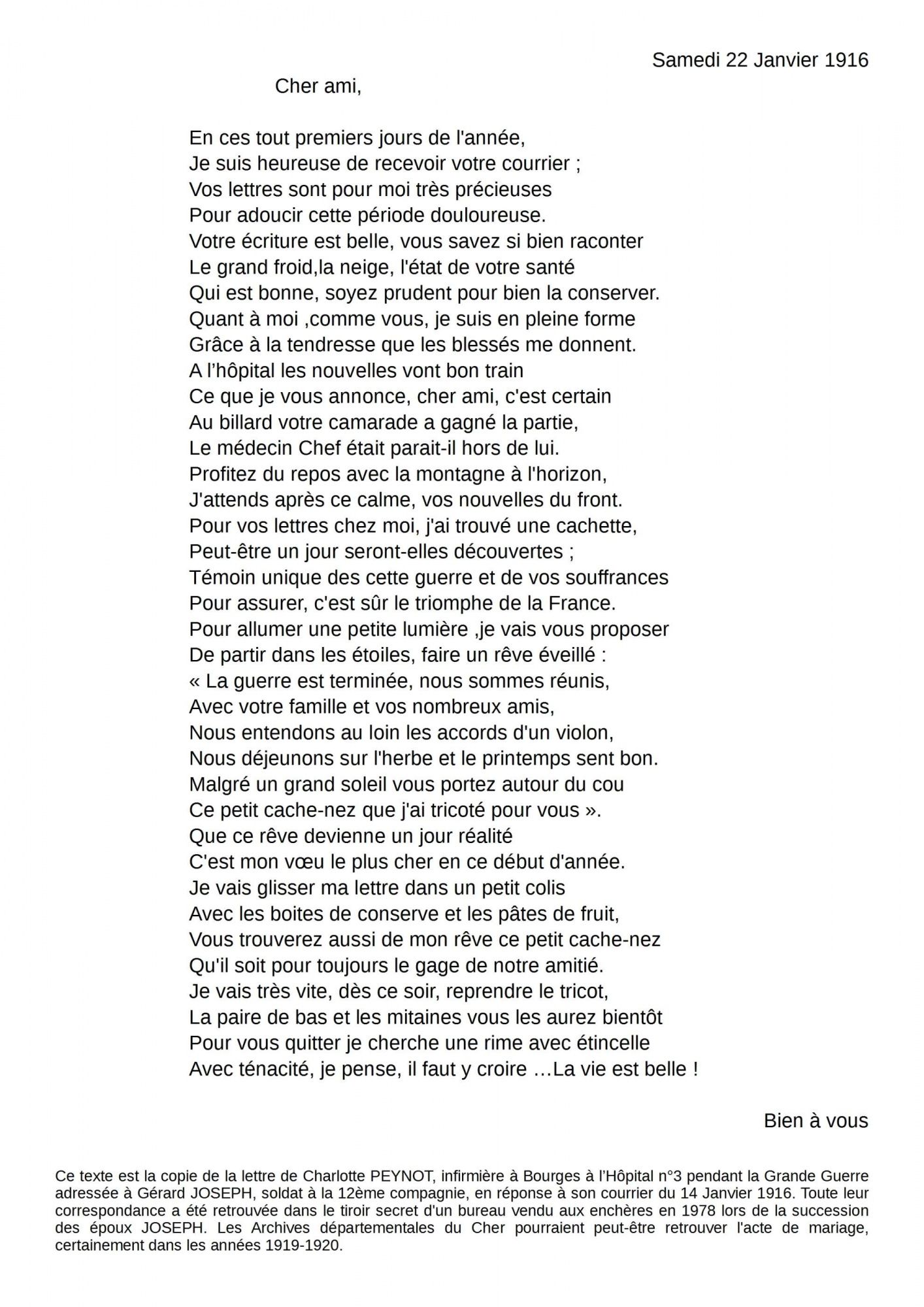 2  Lettre de Charlotte Peynot à Gérard Joseph