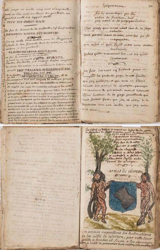 Calligraphies, épigramme et armes de Vierzon peintes dans le manuscrit 1 F 33