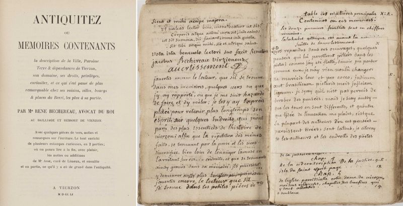 Page de titre de l'édition imprimée (à gauche) et avertissement de René Bechereau sur le manuscrit 1 F 33 (à droite)