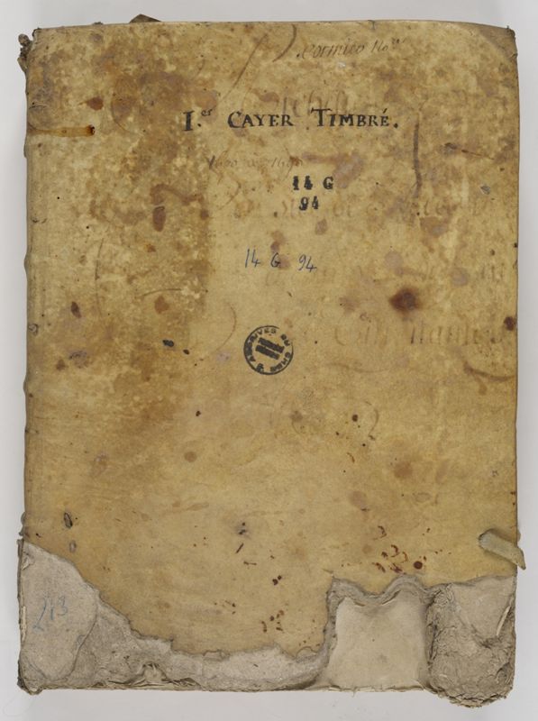 Première de couverture du premier cahier timbré de Cormier, 1662-1690 (AD du Cher, 14 G 94)