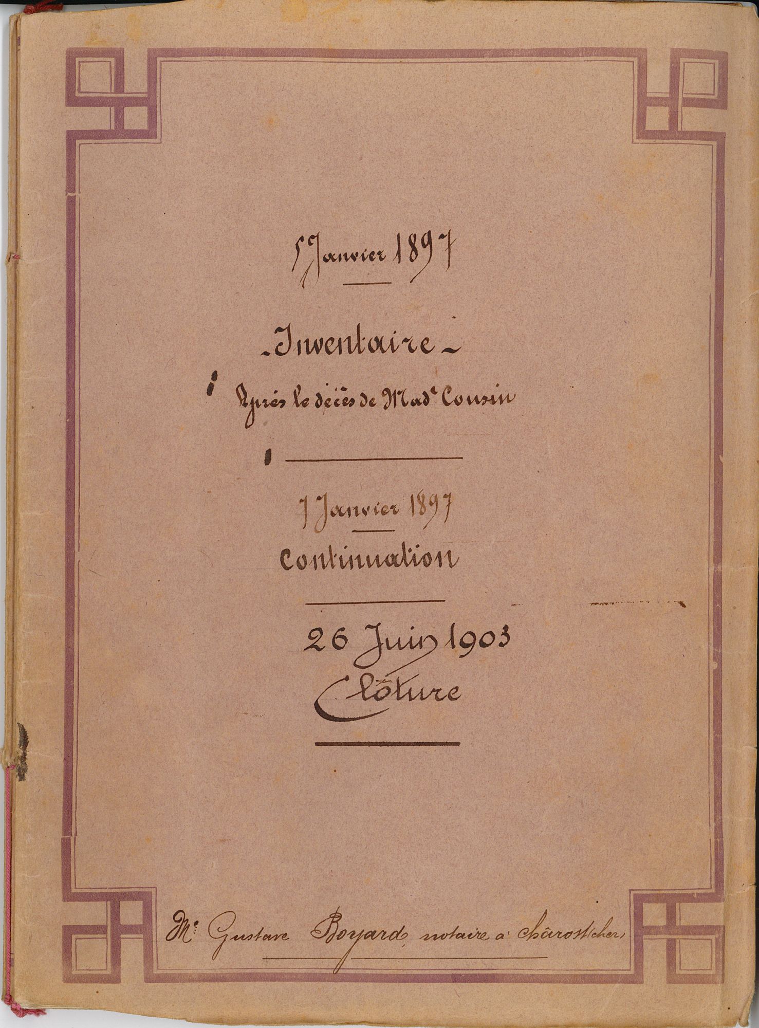 Premère de couverture de l'inventaire après décès de Mme Cousin (AD du Cher, E 29778)