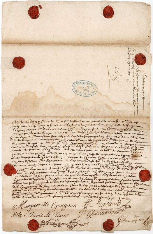 Verso du testament de Marie Gougnon avec les cachets de cire (AD du Cher, B 425)