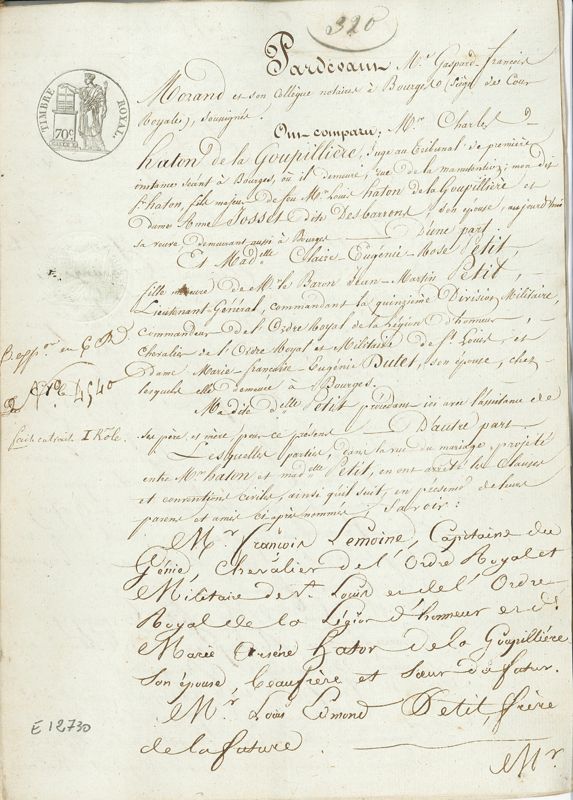 Page 1 du contrat de mariage de Charles Haton de la Goupillière et de Rose Eugénie Claire Petit (AD du Cher, E 12730, pièce 320)