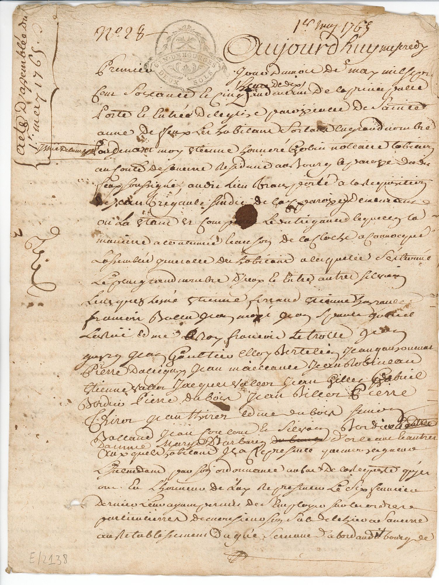 Page 1 d'une Assemblée des habitants de Feux comprenant devis et marché (AD du Cher, E 20561)