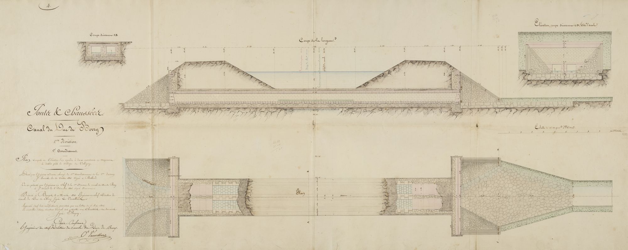 Aqueduc à deux ouvertures à établir près le village de Valigny (Allier, à la frontière du Cher), dressé par Bailloud, le 30 octobre 1825, puis présenté par Auniet, le 2 décembre 1825, et par Vauvilliers, le 9 mars 1826. AD du Cher, DDE 62.
