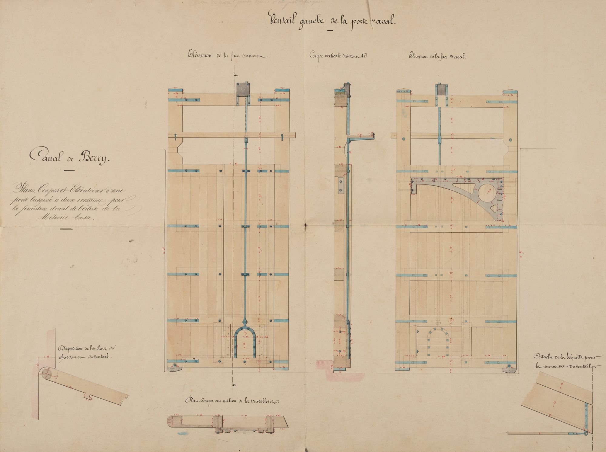 Plans, coupes et élévations d’une porte busquée à deux ventaux pour la fermeture d’aval de l’écluse de la Métairie Basse, ventail gauche. AD du Cher, DDE 88.