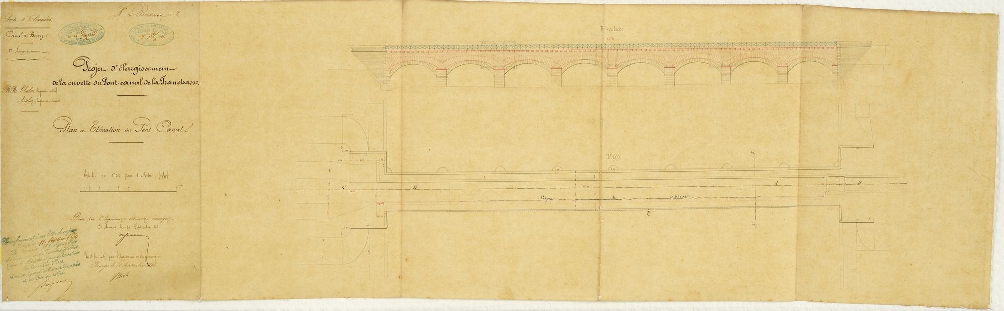 Projet d’élargissement de la cuvette du pont-canal de La Tranchasse, plan et élévation, dressés par Asselin, le 24 septembre 1866, sous la direction de Chabas qui présente le projet le 28 septembre suivant. AD du Cher, 3 S 864 Bis 2.