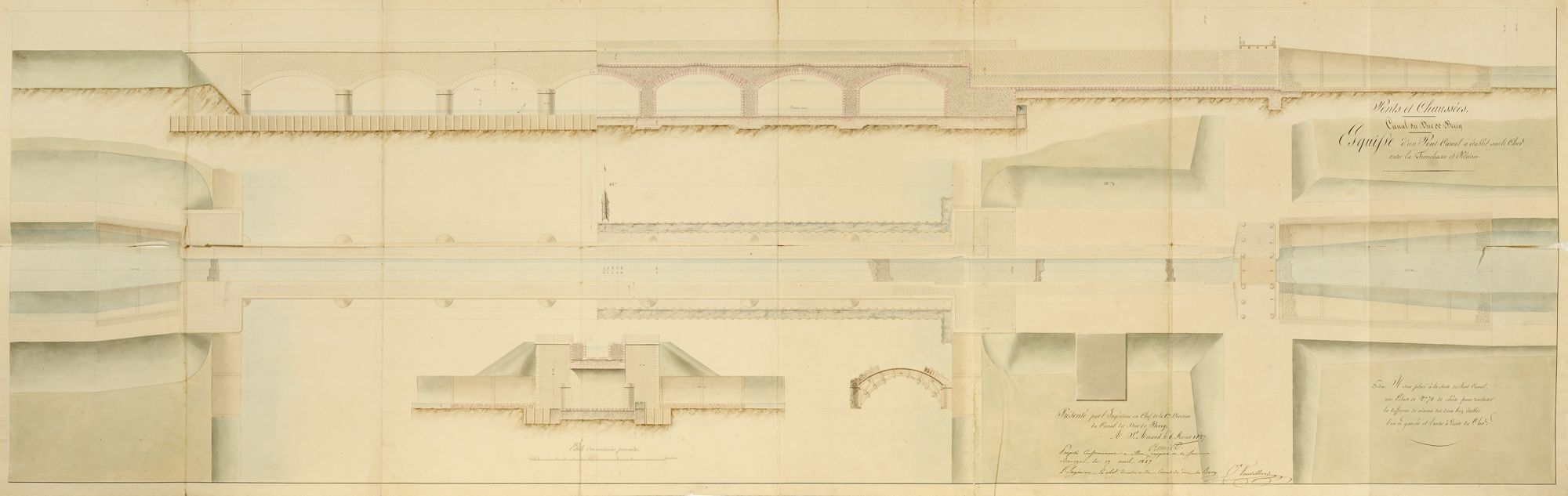 Esquisse d'un pont-canal à établir sur le Cher entre la Tranchasse et Pelvesin, par Auniet, ingénieur en chef de la 1re division, 6 février 1827. AD du Cher, 3 S 864 Bis..