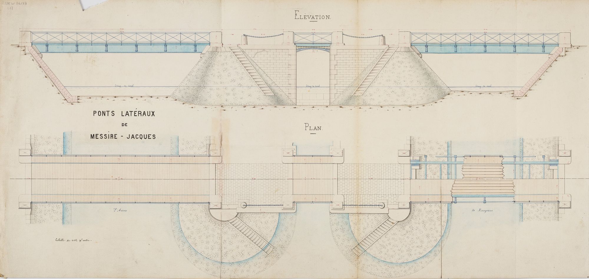 Plans, élévations, coupes et détails des ponts latéraux de Messire-Jacques, vers 1862. AD du Cher, 2338 W 26 13 (1).