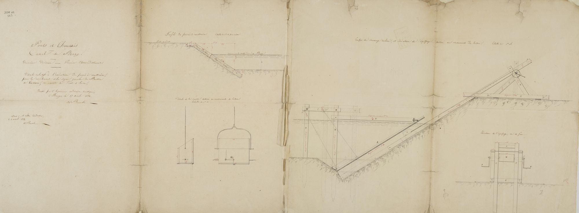 Détails relatifs à l'exécution des perrés en béton à construire pour le revêtement de la digue gauche du bassin de Vierzon, en amont du Pont d'Yèvre par l'ingénieur ordinaire Busche, 17 avril 1832. AD du Cher, DDE 11.