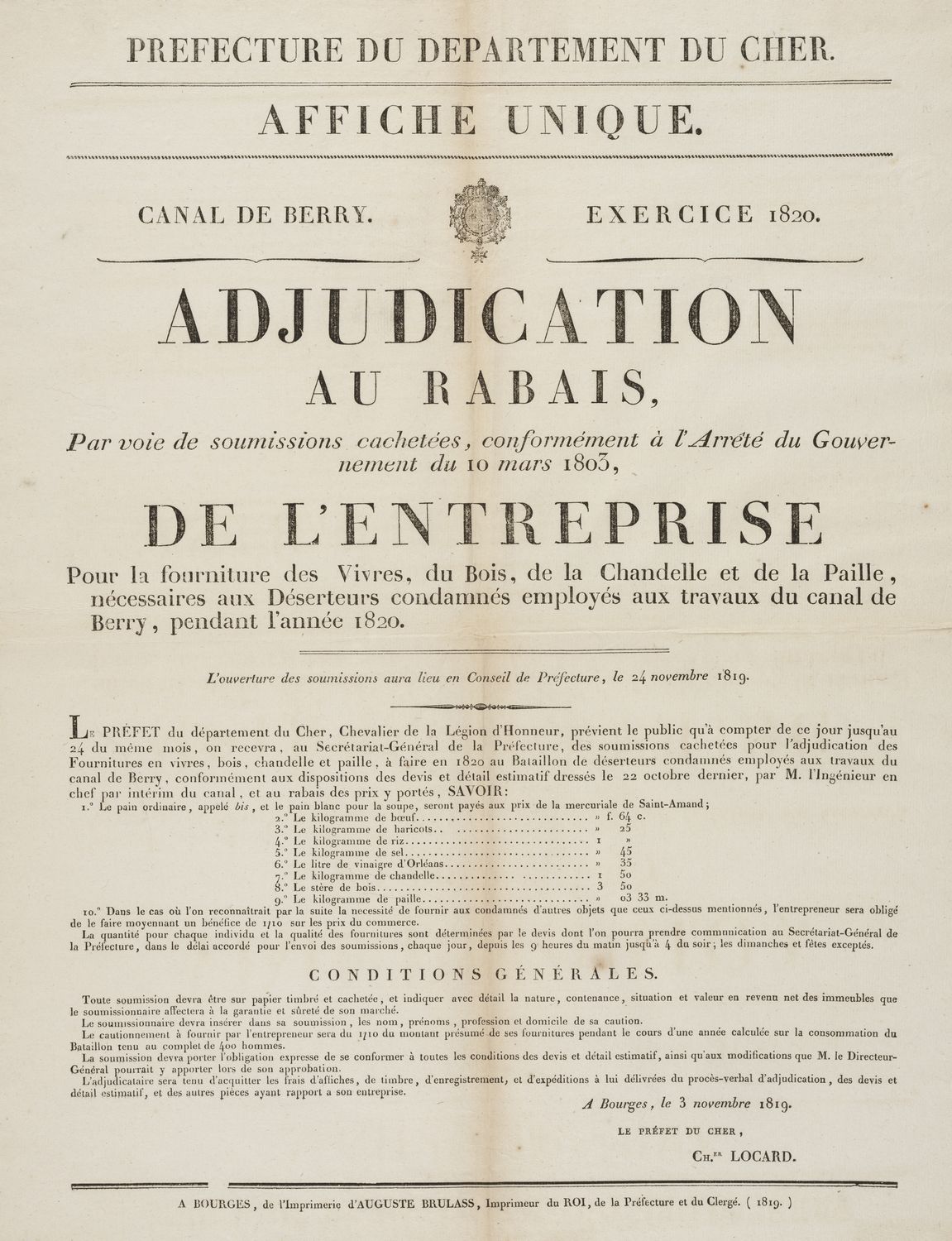 Affiche à destination des entreprises annonçant des enchères pour la fourniture de ressources aux déserteurs condamnés aux travaux publics sur le canal. AD du Cher, 1 Z 461.