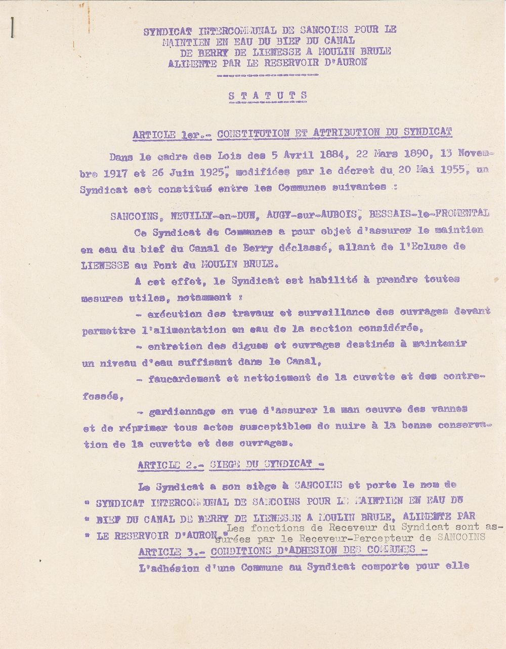 Statuts du Syndicat intercommunal de Sancoins pour le maintien en eau du bief du canal de Berry de Lienesse (Neuilly-en-Dun) à Moulin brûlé (Sancoins) alimenté par le réservoir d’Auron, octobre 1962. AD du Cher, 1820 W 1.