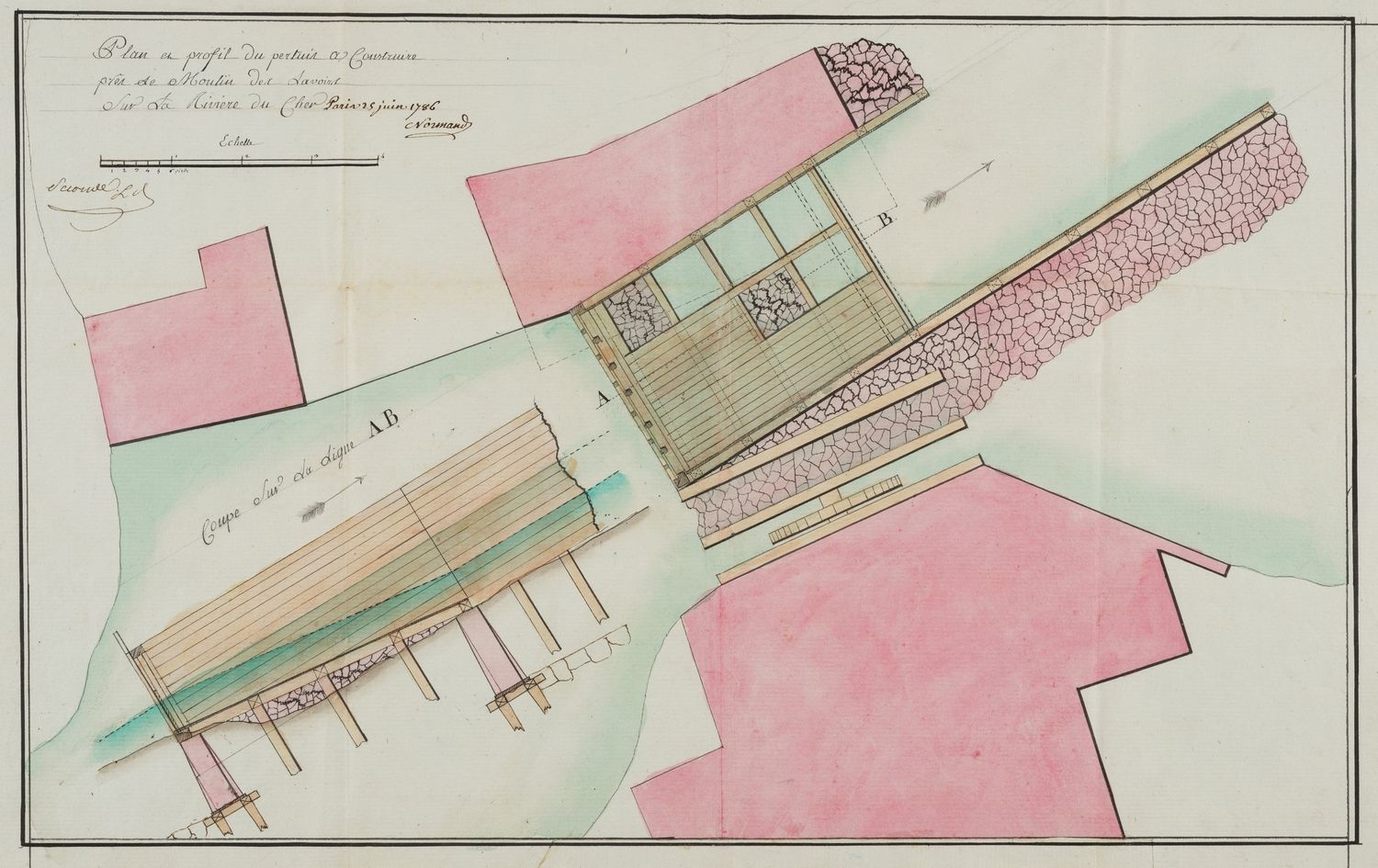 Plan et profil du pertuis à construire près le moulin des lavoirs sur la rivière du Cher. AD du Cher, C 122.