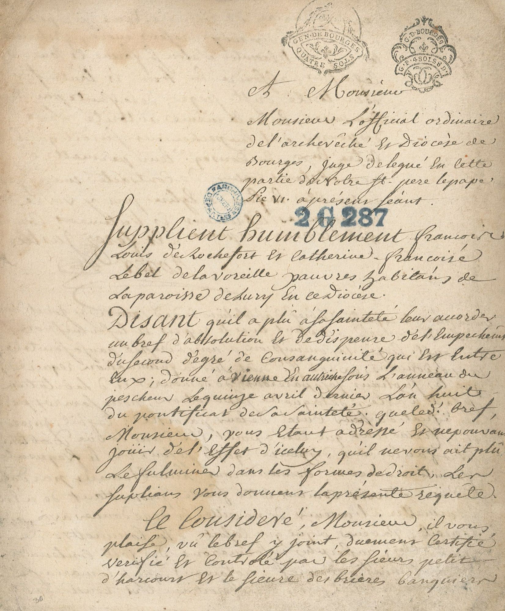 Supplique de dispense matrimoniale pour l’archevêché du diocèse de Bourges (AD du Cher, 2 G 287, dossier 1782).