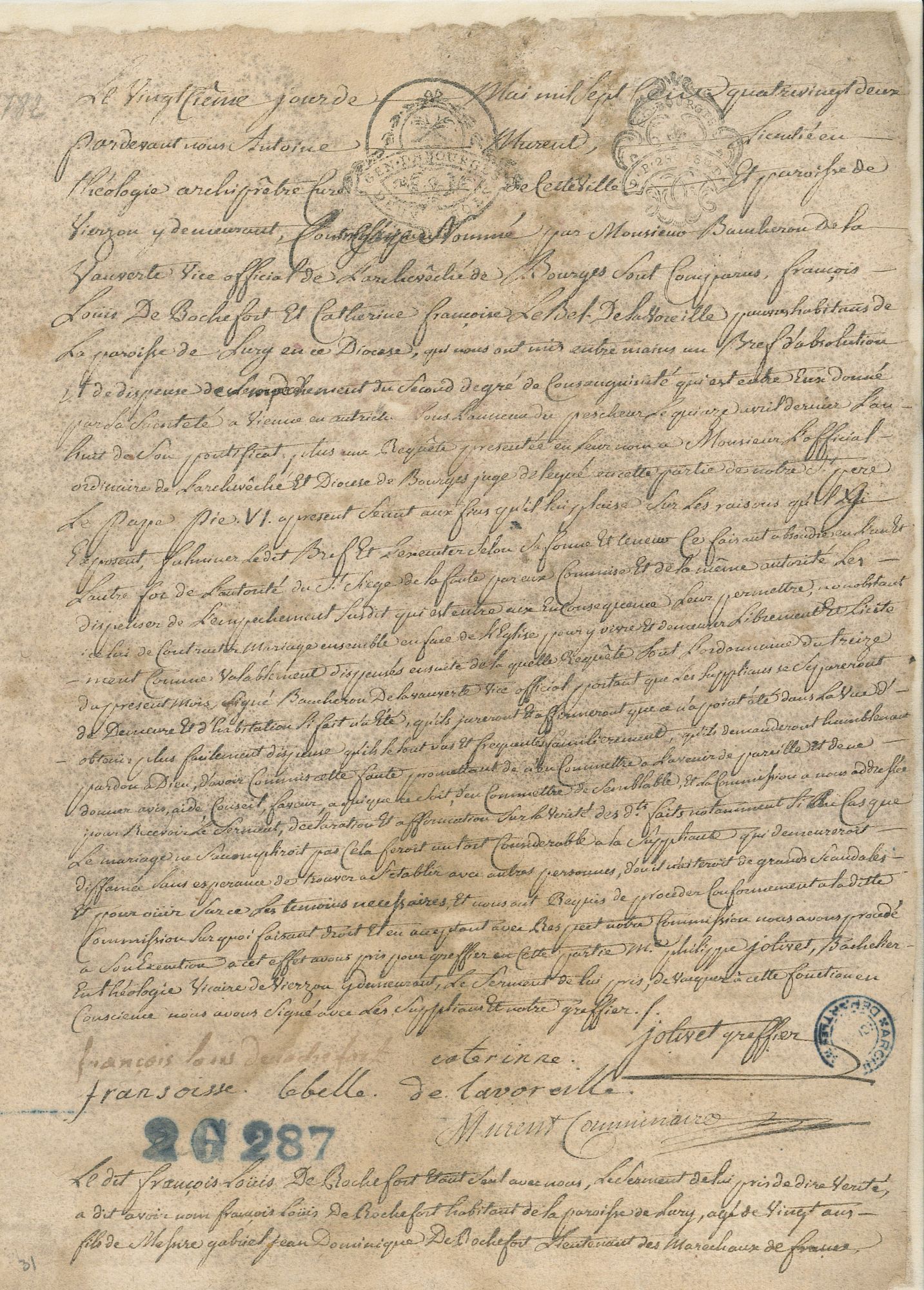 Enquête pour l’obtention d’une dispense matrimoniale (AD du Cher, 2 G 287, dossier 1782).