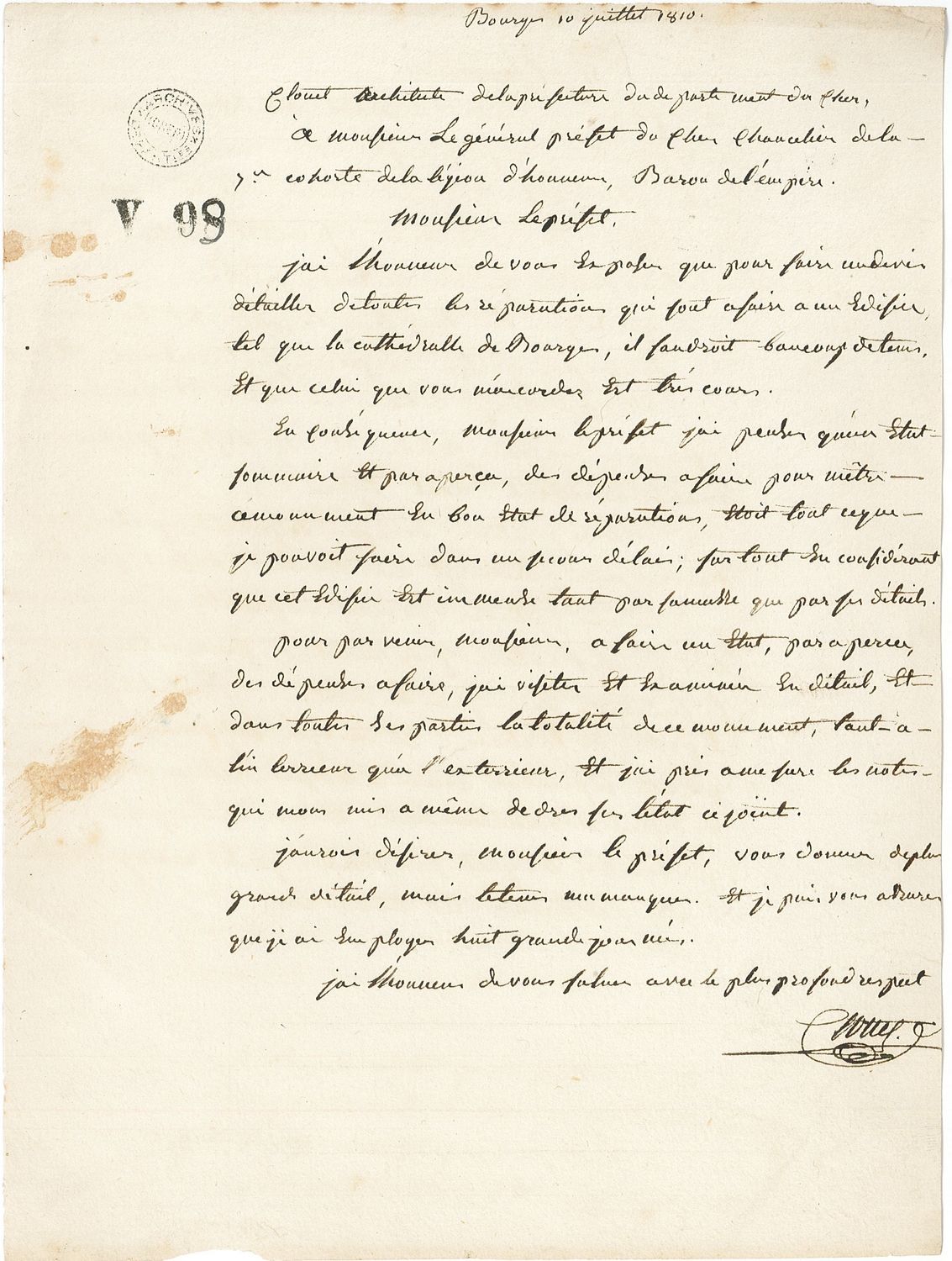 Lettre d'André Clouet adressée au préfet du Cher, 10 juillet 1810 (AD du Cher, V99).