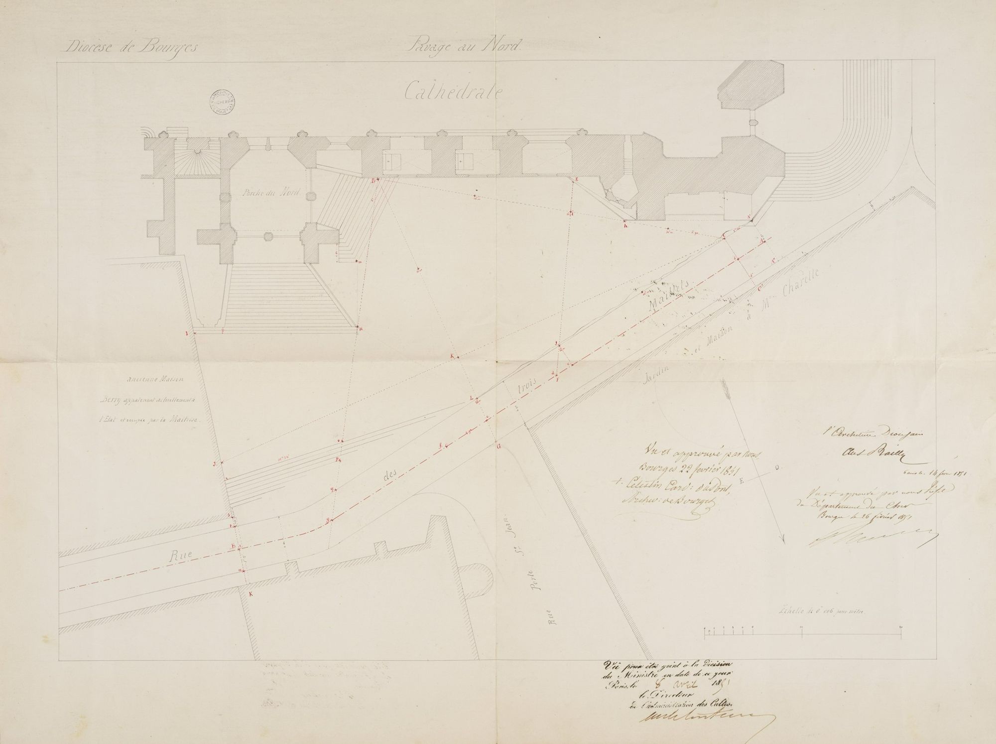 Plan de l’entrée nord de la cathédrale pour un projet de pavage, dressé par Antoine Nicolas Bailly à l’encre sur papier, 14 février 1851. AD du Cher, J 211