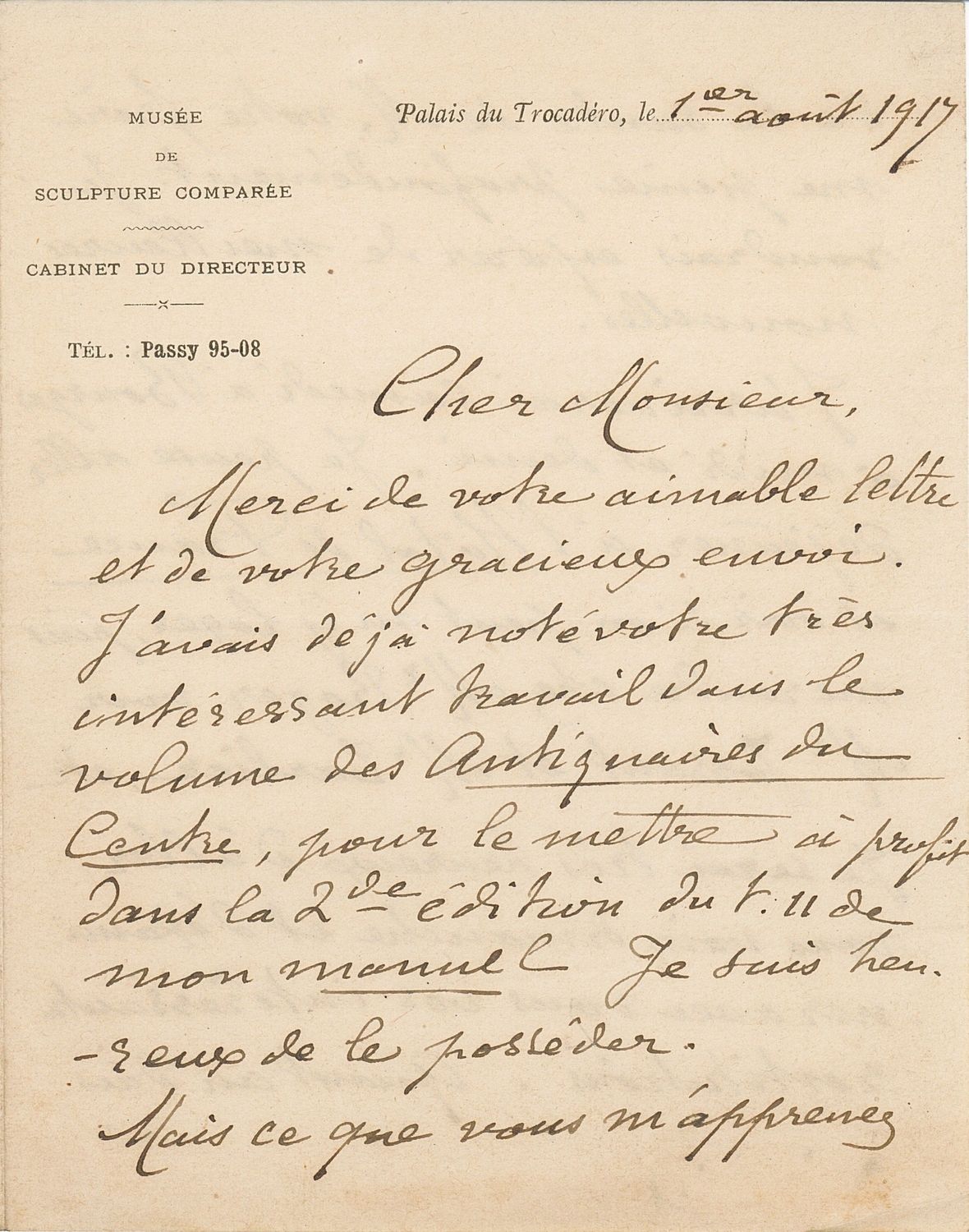Lettre de Camille Enlart, directeur du musée de Sculpture comparée, adressée à Paul Gauchery, 1er août 1917. AD du Cher, 36 J 30