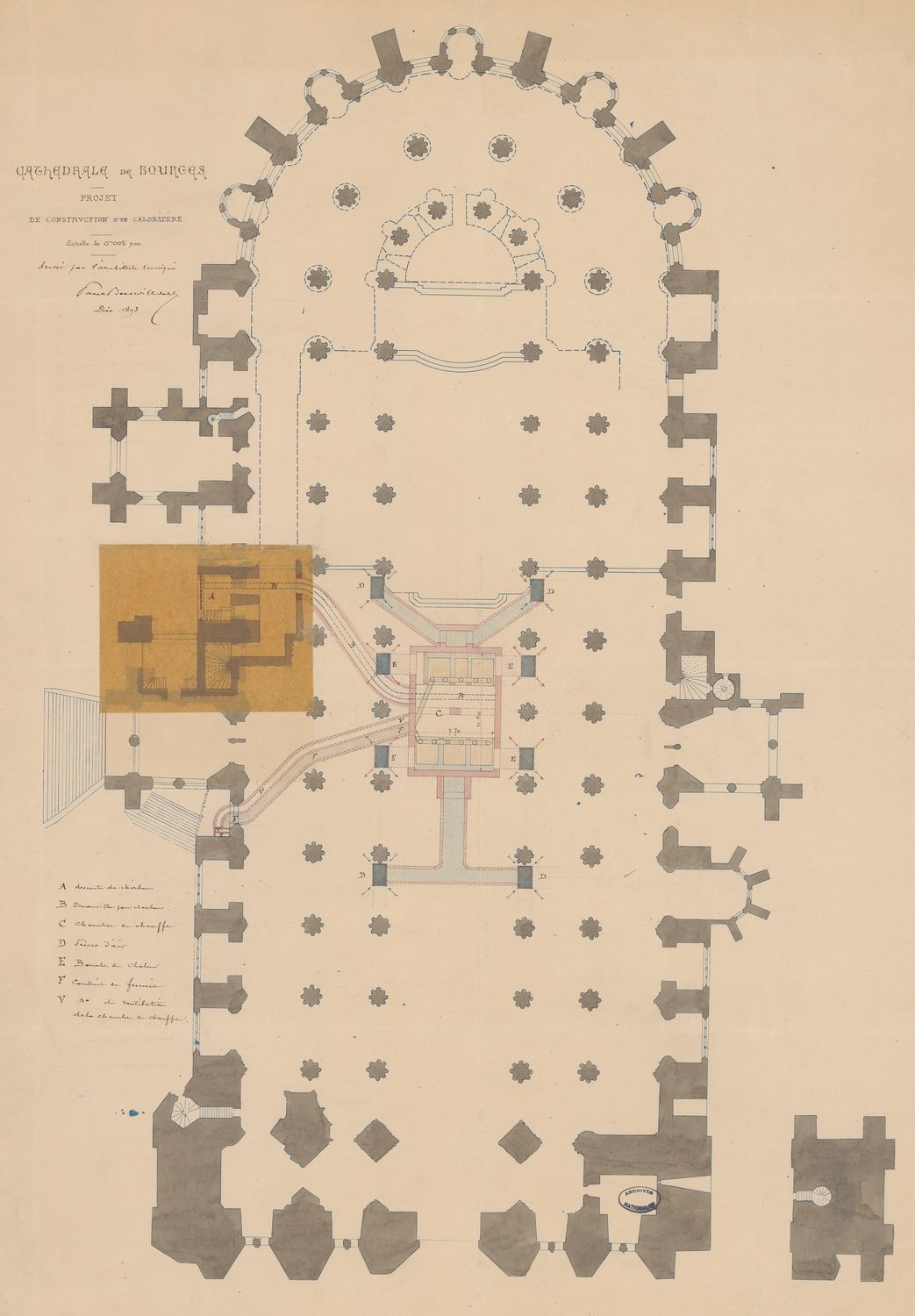 Plan du projet de construction d’un calorifère dressé par Paul Boeswillwald en 1893. AN, F 19 7660