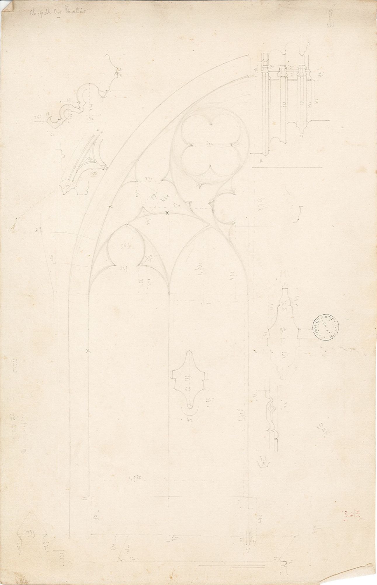 Dessin de la baies de la chapelle des Tullier, s. d. [vers 1849]. AD du Cher, J 213