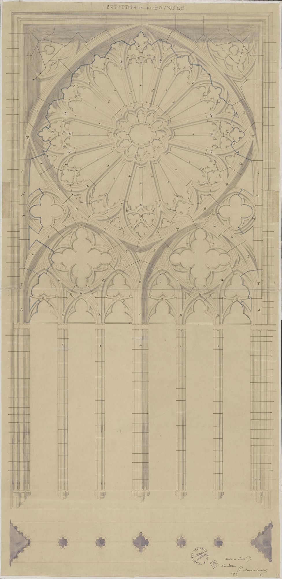 Plan et élévation du grand housteau de la cathédrale de Bourges, dressés par Paul Boeswillwald à l’encre et au lavis sur papier, 1909. Ministère de la Culture (France), Médiathèque du patrimoine et de la photographie, 82/18/1002, 14306