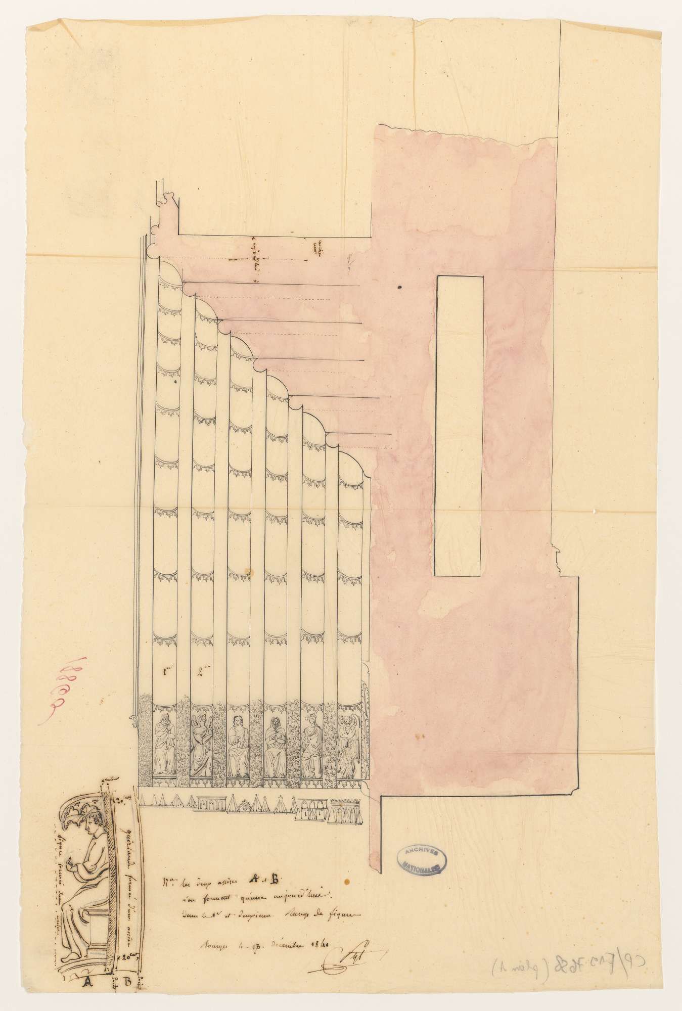 Coupe du portail central de la cathédrale de Bourges, dressée par François-Narcisse Pagot à l’encre et lavis sur calque, le 18 décembre 1841 à Bourges. AN, F 19 7658, plan 1