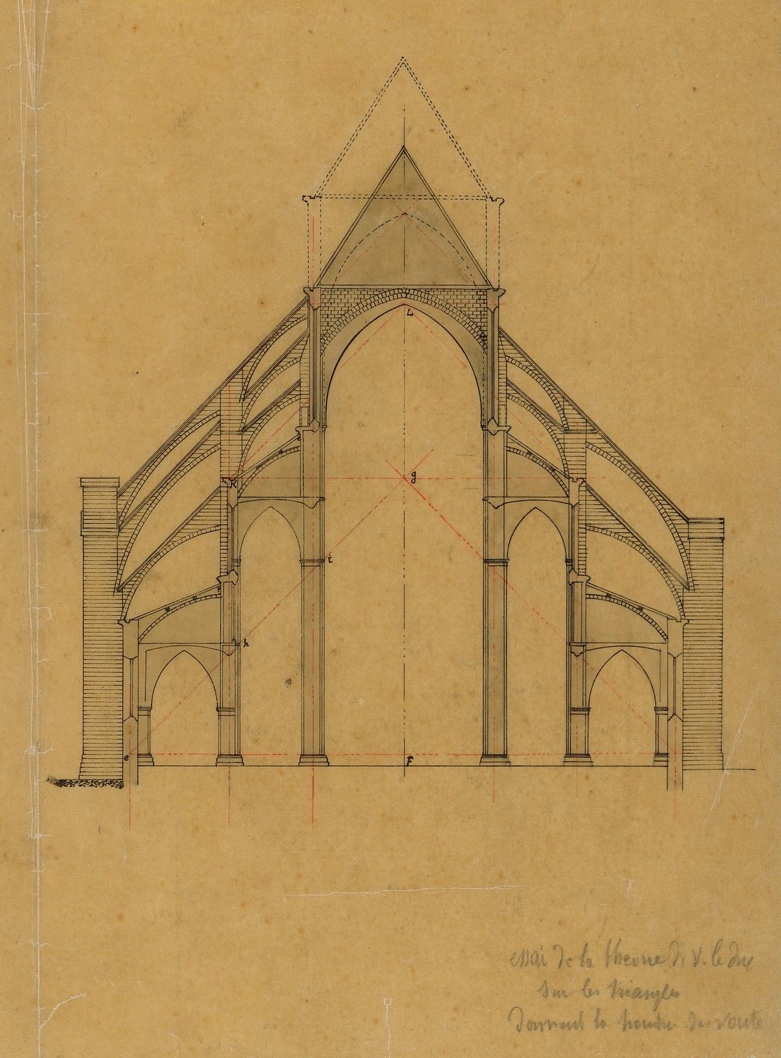 Coupe transversale de la cathédrale avec « essai de la théorie de Viollet-le-Duc sur les triangles donnant la hauteur des voûtes », par Paul Gauchery, s. d. AD du Cher, 36 Fi 63 270
