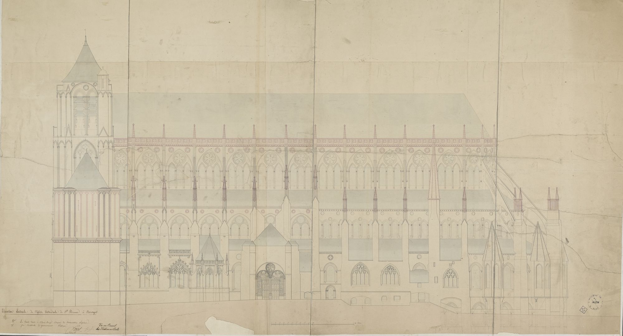 Élévation latérale de la cathédrale de Bourges dressée par François-Narcisse Pagot, s. d. [vers 1830]. Ministère de la Culture (France), Médiathèque du patrimoine et de la photographie, 82/18/1002, 14296
