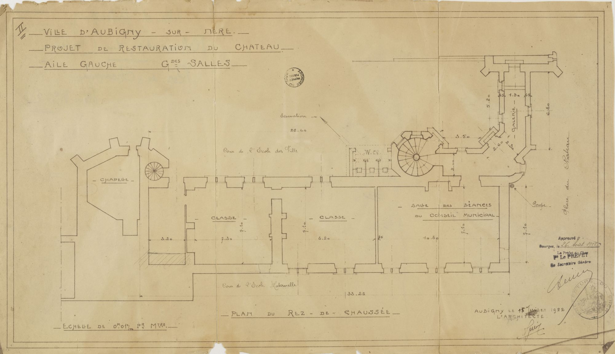 Plan du projet de restauration du château d’Aubigny-sur-Nère (1922), AD du Cher, 177 J 135